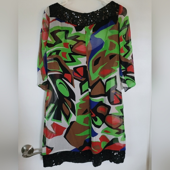NWT Cache Sz M Sequin Geometric Printed Chiffon Silk Dress With Black Slip - Picture 7 of 10